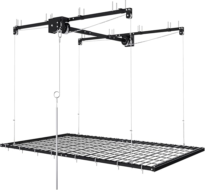 Overhead Garage Storage Rack 4x8 FT, Adjustable Ceiling Lift Storage System for 10–12 FT Ceilings, Heavy-Duty Steel Overhead Shelf with Crank Handle, Safety Lock, 325 lbs Capacity