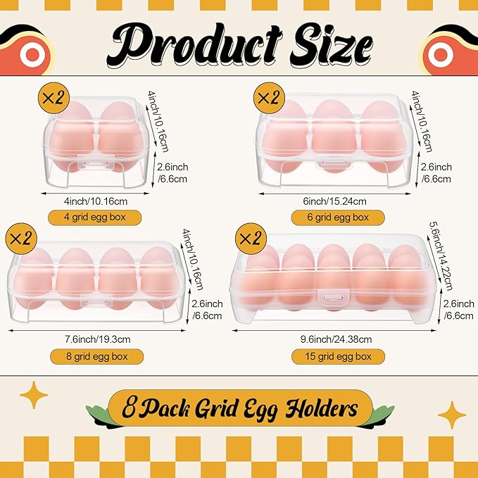 8 Pack Grid Egg Holder (4 Size: 15+8+6+4, Total 66 Eggs) Plastic Clear Grid Egg Container Keeper Storage Organizer Carrier for Refrigerator Camping Picnic Travel Kitchen Outdoor