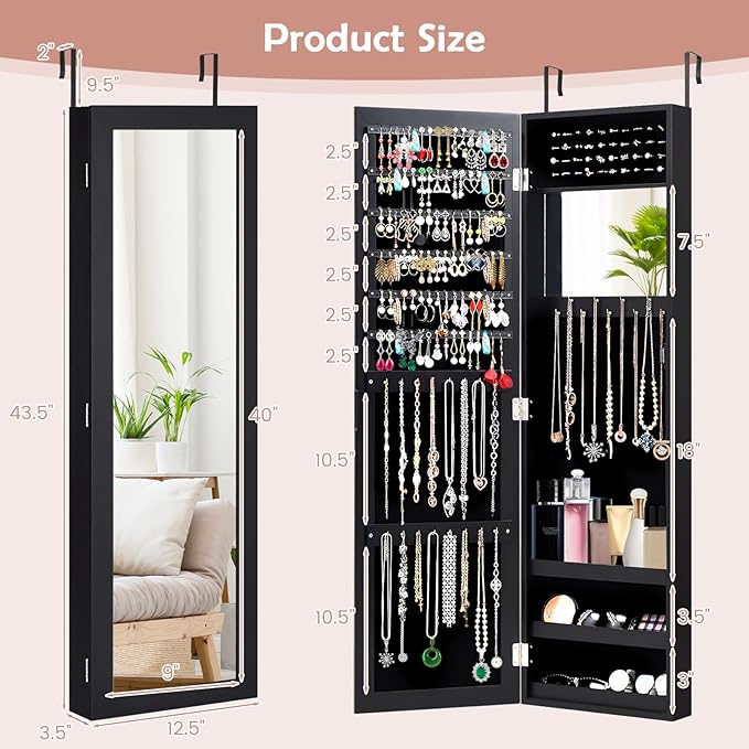 HAPPYGRILL Wall Mounted Jewelry Cabinet with Full Length Mirror, Over The Door Jewelry Organizer w/Built-in Makeup Mirror, Storage Shelves, Door Mounted Jewelry Armoire for Women, Girls (Black)