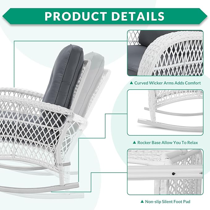 VIVIJASON Outdoor Wicker Rocking Chair, Patio Rattan Rocker Chair with Cushions & Steel Frame, All-Weather Rocking Lawn Rattan Furniture for Garden Backyard Porch (White Wicker/Grey)