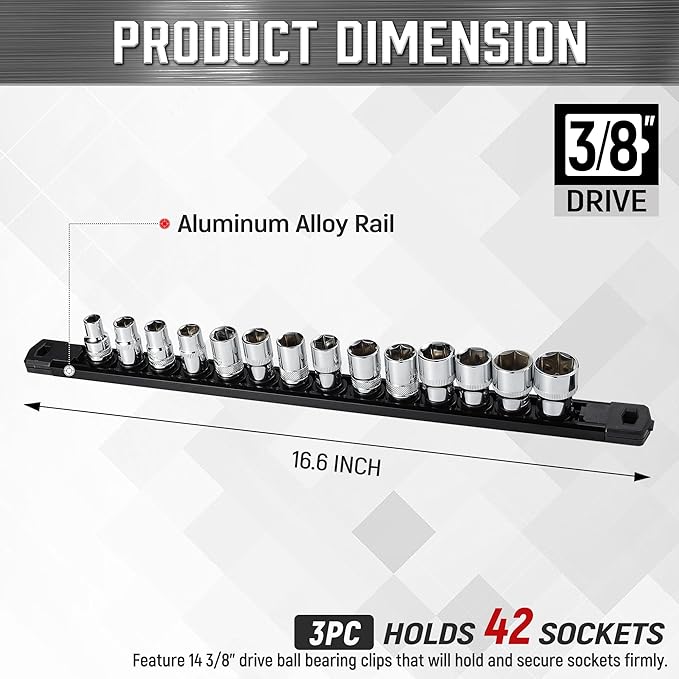 ALOANES 3-Piece Magnetic Socket Organizer, Heavy Duty Aluminum Socket Rails Organizer, 360° Swivel Clips Socket Holder Kit for Tool Box, 3/8-Inch Socket Holder x 42 Clips (Black)