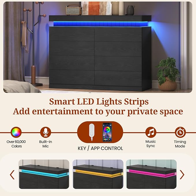 Tall Black 8 Dresser for Bedroom, Sliding Top Storage Space, Modern Wood Drawers with LED Light and Power Outlet, Large Chest of Drawer for Living Room, Hallway, Entryway (8 Drawers,Black)