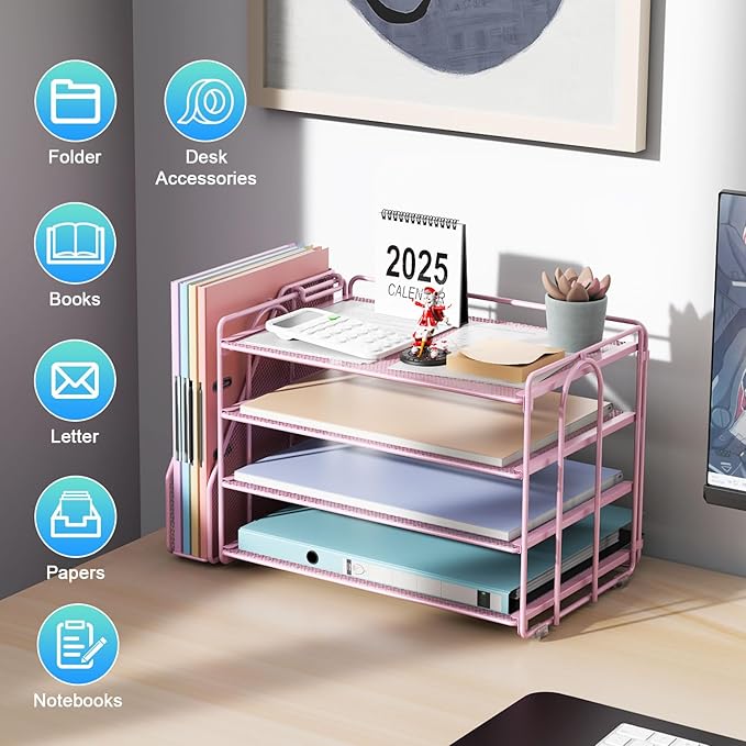 gianotter 4-Tier Paper Organizer With Magazine Holder, Desk Organizers and Accessories, Pink Desk Accessories, File Organizer for Office Supplies Storag(Pink)