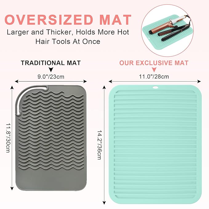 AMIJEAL Oversize Silicone Heat Resistant Mat for Hair Tools, Curling Iron Flat Iron Hair Straightener Holder Mat, Portable Hot Tools Sleeve Pad for Travel Vanity Salon(14.2" x 11.0")