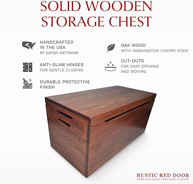 Amish Made Wooden Storage Chest Trunk Box with Lid and Handles for Bedroolanket, Clothes, Anti-Slam Hinges, Handmade, Rustic, Oak Wood, Cherry Stain, 30"