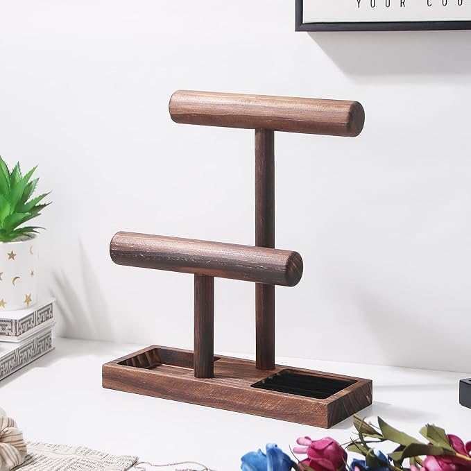 ByKen Necklace Holder,Bracelet Holder,Jewelry Organizer Stand with Earrings Rings Tray,Jewelry Holder for Scrunchie Watches (Wood)