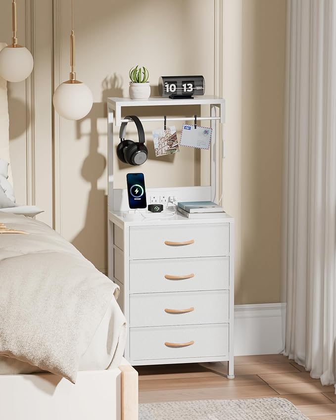 Furnulem White Nightstand, 38 inches Tall Night Stand with Charging Station and LED Lights, Bedside Table for Bedroom, Office, Hallway, 4 Fabric Drawers, Metal Frame, Wood Shelves