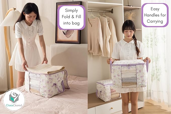 Designer Canvas Clothing Storage Bags 2 Pack Purple Floral Clothes Organizer bags for sweaters, clothing, garments, quilt, linens, large folding organizers with zip & window, moth proof space saver