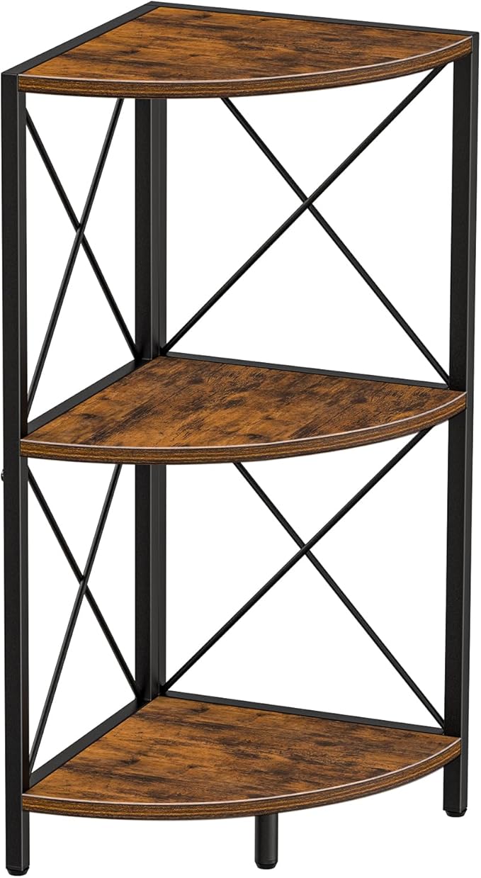 Snughome Corner Shelf with Metal Frame, 3 Tier Rustic Corner Storage Organizer, Freestanding Corner Bookshelf Stand Display Rack for Kitchen, Living Room