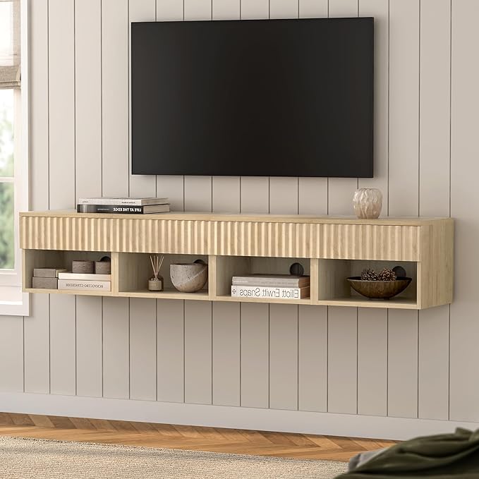 Floating Nightstands Set of 2 with Drawer and Open Shelf, Small Wall Mounted Bedside End Table, Modern Fluted Night Stand for Bedroom, Living Room, Light Oak
