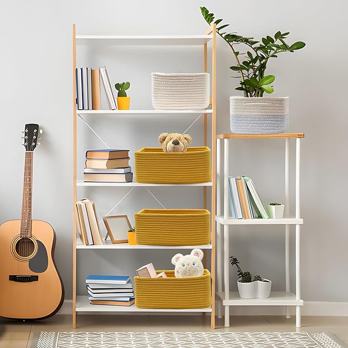 COMFY-HOMI 13" x 8.5" x 5.1" Storage Baskets for Organizing | Cotton Rope Woven Basket | Toy Storage Bin Box | Basket for Shelves, Closet Organizer Bin, Decorative Closet Shelf, 1 Pack, yellow