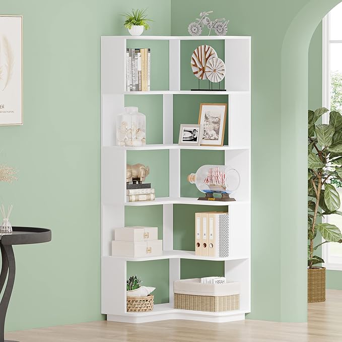 Tribesigns 6-Tier Corner Bookshelf, 64.9 Inches Tall Corner Book Shelf with Anti-Drop Panel, Modern Bookcase with Storage, Wood Display Shelving Unit for Home Office, Living Room, White