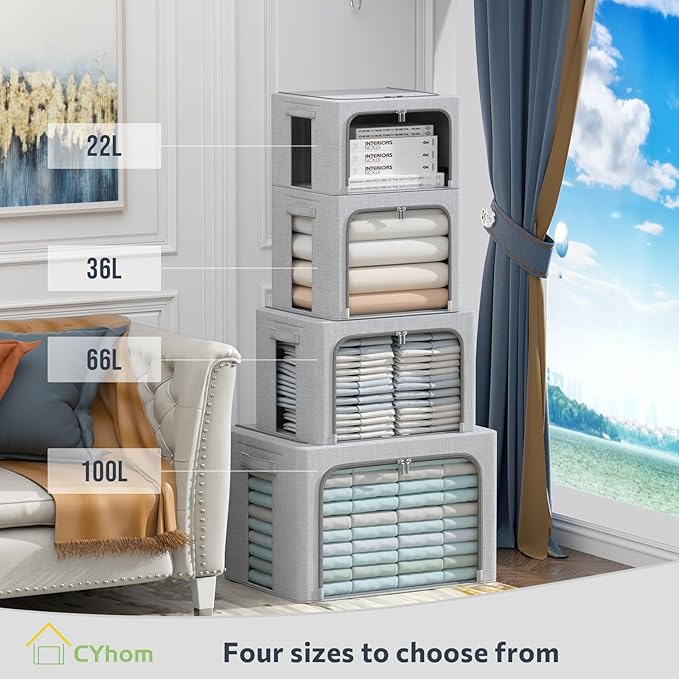 CYhom 3Pack Foldable Storage Bins - Frame Storage Box Linen Fabric Stackable Clothes Container Organizer with Clear Window & Carry Handles Large Capacity (Medium-36L, Light Grey)