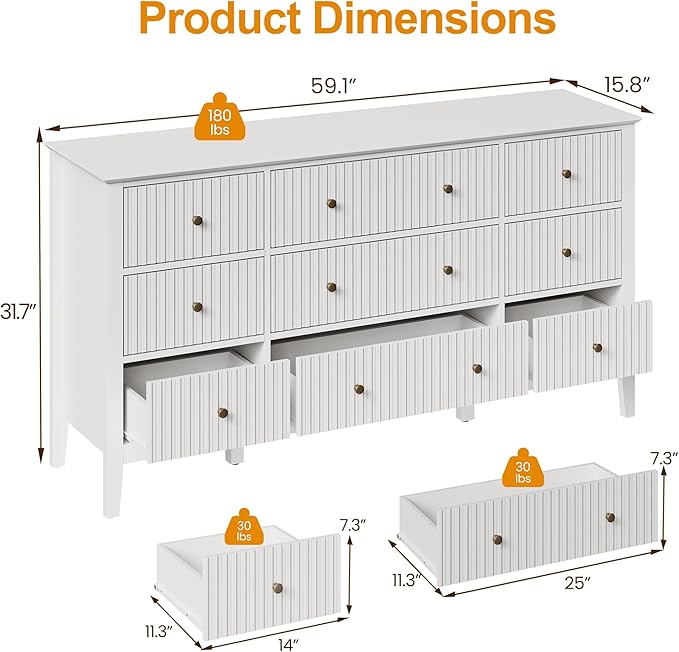 RoyalCraft White Dresser for Bedroom with 9 Drawers, Fluted Painted Wood Chest of Drawers, Modern TV Stand Storage Cabinet for Living Room, Hallway