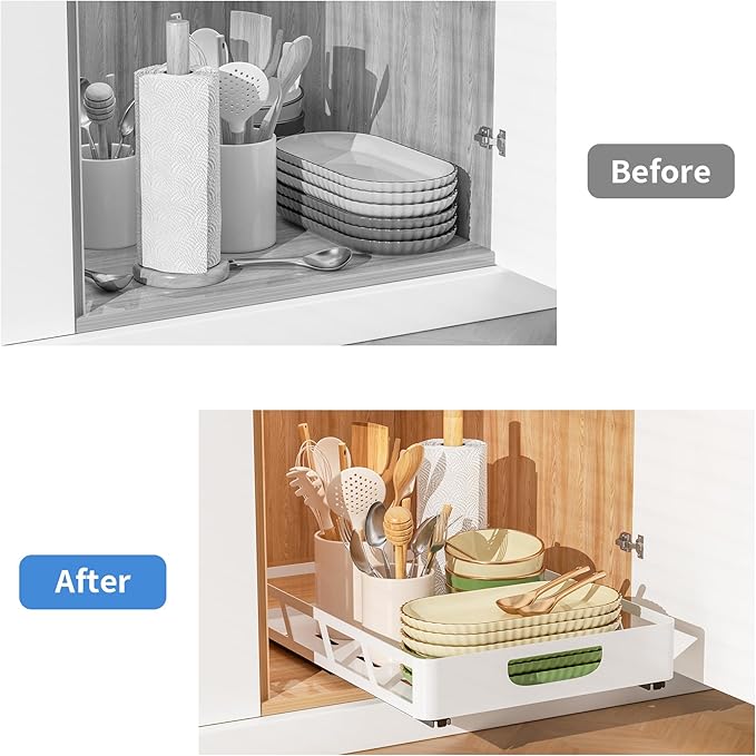 XLP Pull Out Cabinet Organizer 16" Deep, Heavy Duty Slide Out Drawers, Adhesive or Drill Roll Out Shelf with Damping Rail for Kitchen, Bathroom, Pantry, Cupboard(11.73" W X 16.46" D X 3.15" H, White)