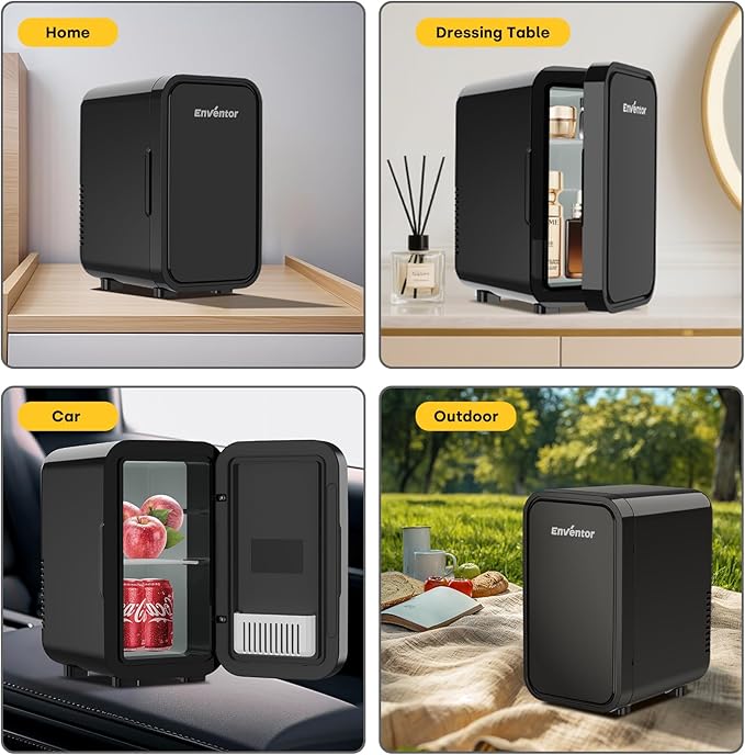 Enventor Mini Refrigerator, 6L/ 8 Can Compact Skincare Fridge AC+DC Power Cooler & Warmer Small Refrigerator for Bedroom, Skincare, Makeup, Cosmetics, Car, Office (Black)
