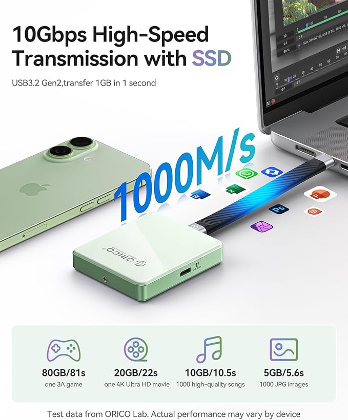 ORICO 10Gbps Magnetic M.2 NVMe SSD Enclosure with PD100W Charging Port 4K ProRes Recording Max 2TB for iPhone 17/16/15 Pro/Pro Max/Plus Support SSD Size 2230/2242 B+M M-Key Diskless AP42P (Green)