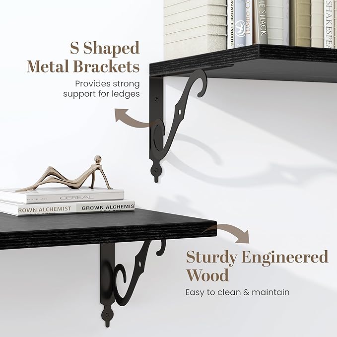 Fun Memories 55 Inch Floating Shelves, Long Floating Shelves Wall-Mounted, 12 Inch Deep Bookshelf with Bracket, 55" W x 12" D Shelves for Wall Display & Storage, Black, Set of 2