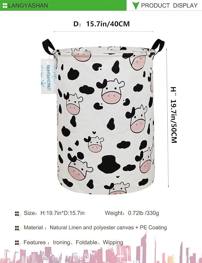 LANGYASHAN Storage Bin, Canvas Fabric Collapsible Organizer Basket for Laundry Hamper,Toy Bins,Gift Baskets, Bedroom, Clothes,Baby Nursery (Spotted Cow)