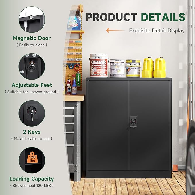 Letaya Metal Storage Cabinets with Lock Door,2 Adjustable Shelves Organizer Steel Storage Cabinets for Home,Office,Warehouse,Garage,Employee Lockers(Black)