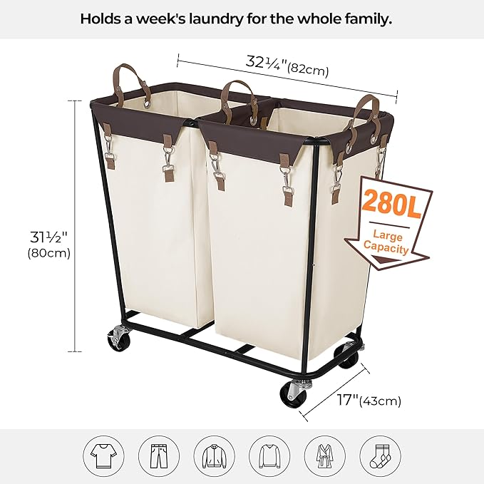 StorageWorks 280L Large Lanudry Hamper with Wheels, Laundry Basket with Wheels 2 Sections, Clothes Sorter Cart with Divider for Hotel, Home, Beige, 1-Pack