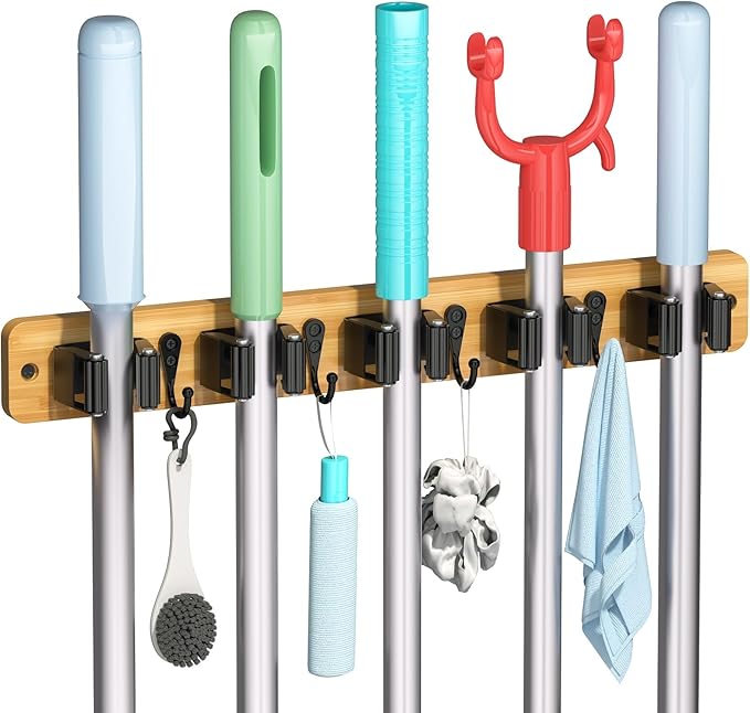 IMILLET Broom Holder Wall Mount, Bamboo Broom Hanger with 5 Racks 4 Hooks, Mop and Broom Holder Wall Mount Self Adhesive, Home Organization and Storage for Laundry Room, Closet, Utility Room