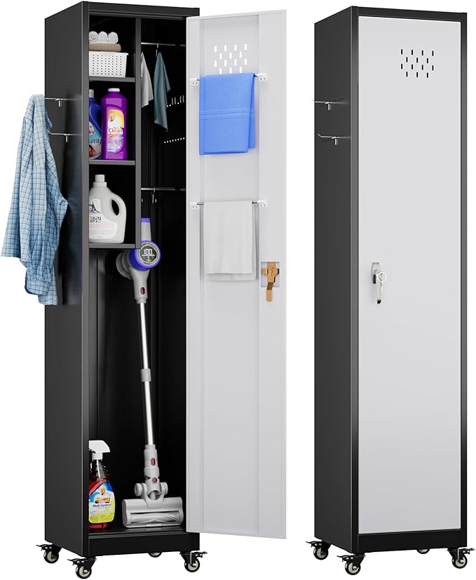 72''H Metal Broom Closet Storage Cabinet with Wheels & Pegboards, Mops Broom Closet Organizer with Locking Door & Hanging Rod,Cleaning Tool Garage Cabinet,Assembly Required,Black Gray