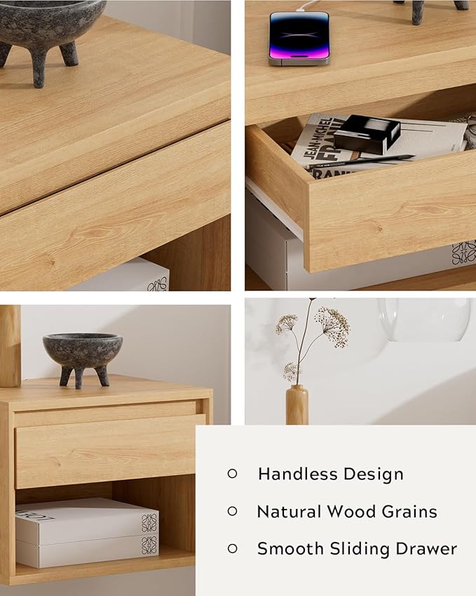 Mid Century Modern Floating Nightstand Set of 4, Wall Mounted End Table with Drawer and Open Compartment Wooden Bedside Night Stand Small Storage Cabinet for Bedroom, Natural Oak