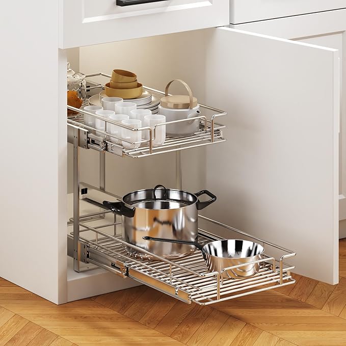 2 Tier Individual Pull Out Cabinet Organizer 10½" W x 21½" D, Heavy Duty Cabinet Pull Out Shelves, Slide Out Drawers Organization for Kitchen Cabinets Bathroom