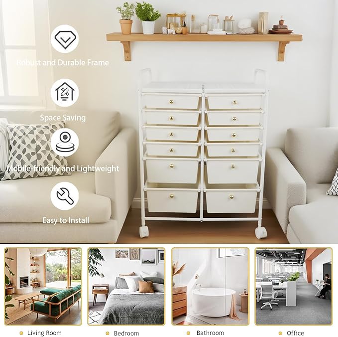 White 12 Drawers Rolling Storage Cart With Drawers, Multipurpos Plastic Storage Trolley, Rolling Carts With Wheels, Craft Corner Storage Organizer for Kitchen Bathroom Garage Salon Shop Office
