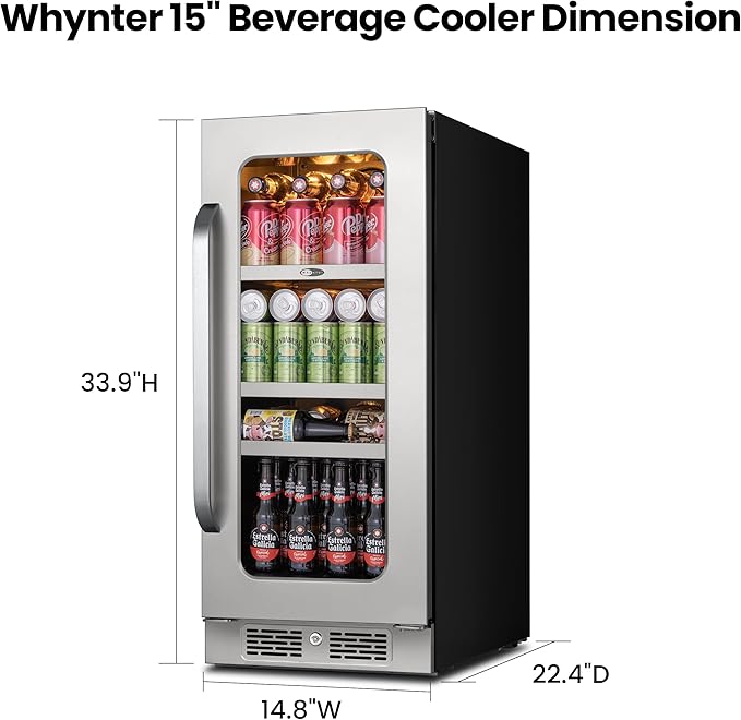 Whynter Beverage Refrigerator 15 inch Drink Fridge with Glass Door Beverage Fridge Cooler 80 Can Under Counter Built in Freestanding Fridge 34-54°F for Soda Beer Home Bar Luxury Series