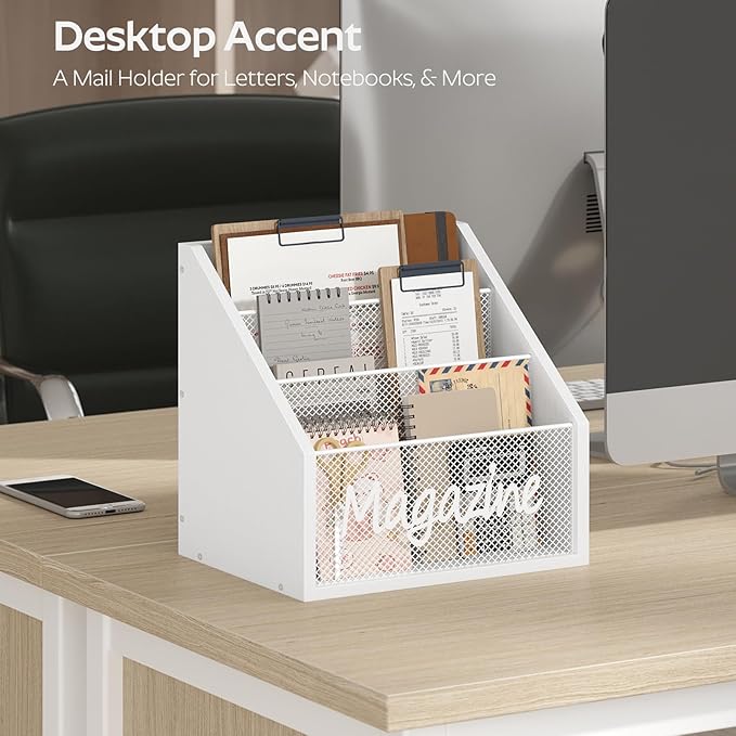 Magazine Holder, Wood Magazine Rack Floor, Mail Organizer Countertop, Magazine Mail Holder Sorter, Record Holder for Magazines, Books, Newspapers, Tablets, White MR02WW