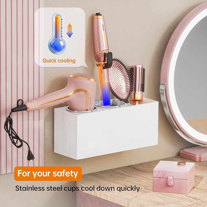 Hair Tool Organizer Acrylic: Hair Dryer Holder Wall Mount - Blow Dryer Holder Cabinet Door - Bathroom Countertop Organizer for Curling iron Hot Styling Tools Flat Iron - White