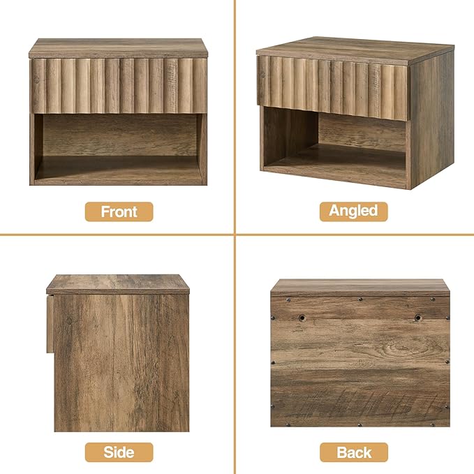 Floating Nightstand with Fluted Drawer - Modern Wall Mounted Bedside Table with Open Storage Shelf, Small Night Stand TV Stand for Bedroom(Rustic Brown, Set of 2)