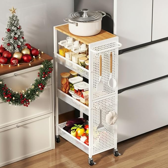 4-Tier Slim Storage Cart with Wheels,Small Mobile Organizer Shelf with Wooden Top & Metal Handle for Kitchen, Laundry Room, Bathroom, Office (White, 9.1 inch)