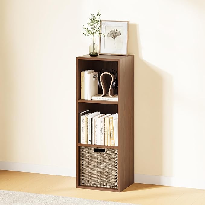 IOTXY DIY Modular Cube Bookcase - CubeXY Customizable Stackable Expandable Basic Shelving Units, 3-Cube Wooden Open Bookshelf for Fabric Storage Bin Organizer, Walnut