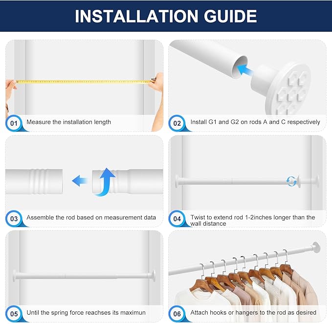 No Drilling Closet Rod, 27.5-74 Inches Hanging Closet Rod for Clothes, Closet Bar & Pole Heavy-duty, Closet Rods for Hanging Clothes For Closet Wardrobes Bathroom Laundry RV Curtains,White