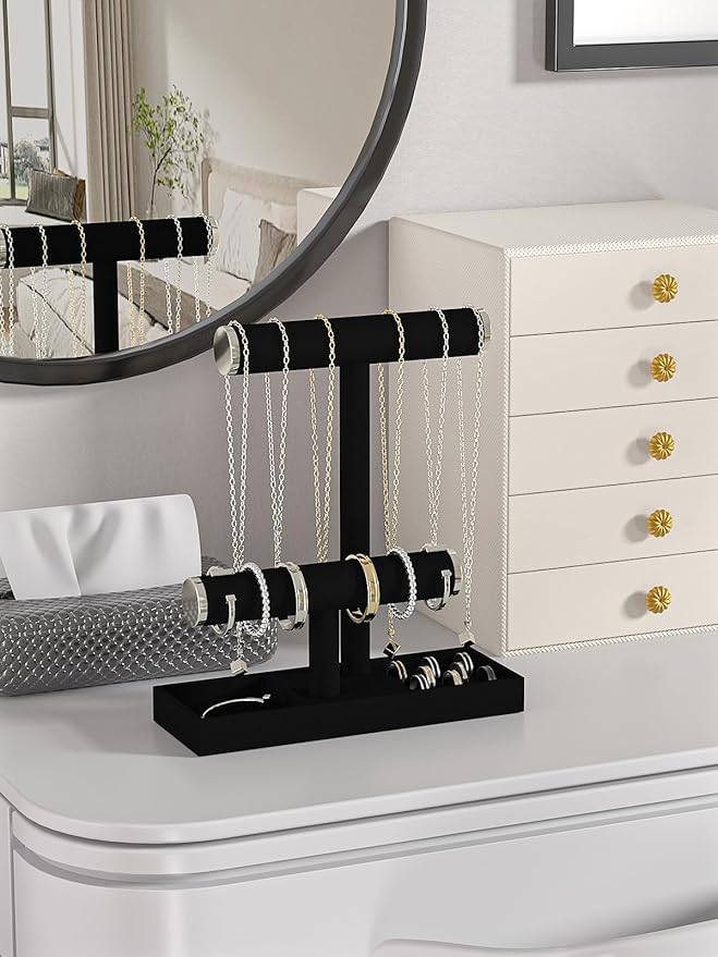Bracelet and Necklace Holder,Velvet Jewelry Necklace Display Organizer Stand,bracelet Holder for Selling,Bracelet and Necklace Storage Tree (Style 2（Black+ Metal lid）)