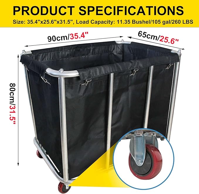 Laundry Cart Commercial,11.35 Bushel (105 Gal) Large Industrial Rolling Laundry Hamper with 4 Inch Wheels,Home Heavy Duty Laundry Baskets with Stainless Steel Frame, 260 LBS Weight Capacity (Black)
