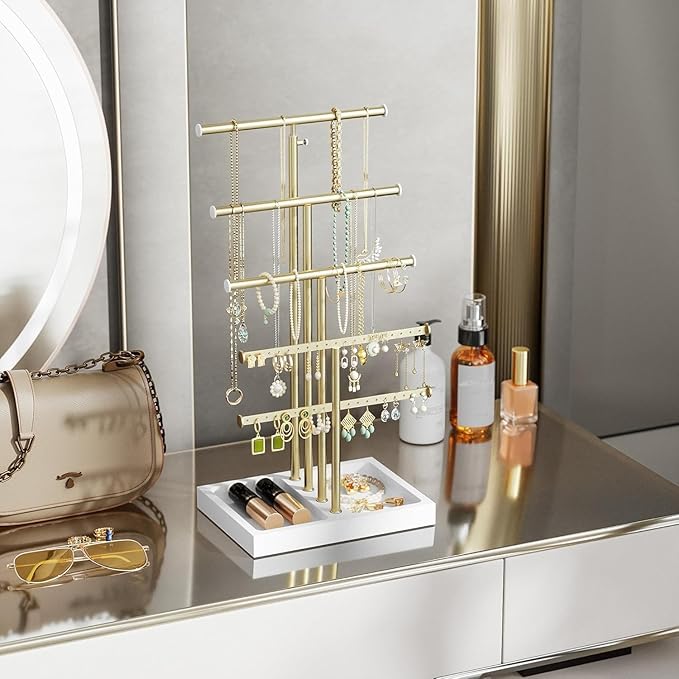 Love-KANKEI Jewelry Organizer Stand,5 Tier Large Necklace Holder with Wood Base,Jewelry holder stand Tree for Display,Bracelets Earrings Rings,Height Adjustable Gift White and Gold