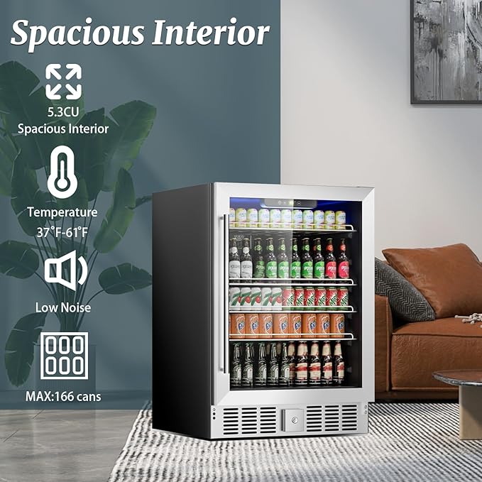 166 Can Mini Fridge - 5.3 Cu.Ft Beverage Refrigerator with Reversible Glass Door for Soda Wine Beer, Adjustable Temperature Control for Home Office Bar, Black(40-61 ℉)