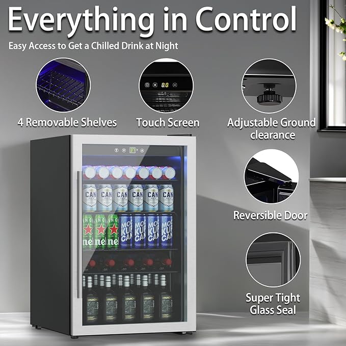 Beverage Refrigerator Cooler, 145 Can Mini Fridge Glass Door for Drinks Soda, Beer, or Wine - Small Refrigerator for Office Bedroom Home Bar, Adjustable Shelves, 4.5 Cu.Ft, Silver