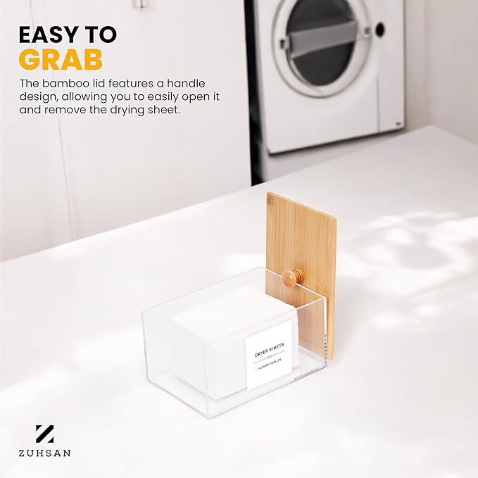 Dryer Sheet Holder with 30 waterproof Labels, Acrylic made tissue box holder with black bamboo lid, Acrylic Container Storage Box for Laundry Room Organization, Holds Sheets, Balls (Black)