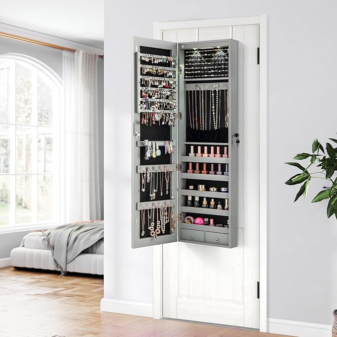 Giantex Wall or Door Mounted Jewelry Armoire with 47.5" Full Length Mirror, Lockable Cabinet with 2 LED Lights, 2 Drawers, Over the Door Large Jewelry Storage Organizer (Gray)