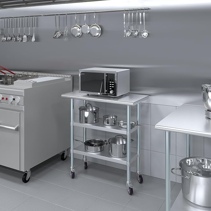 AmGood Stainless Steel Work Table with 2 Shelves and Casters | Metal Utility Table On Wheels (Stainless Steel Work Table with 2 Shelves + Casters, 36" Long x 18" Deep)