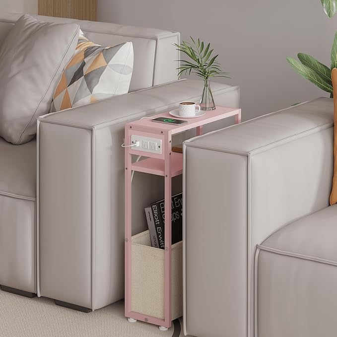 Pink Side Table with Charging Station, Slim End Tables with Linen Basket, Skinny Table for Small Spaces, Thin Bedside Table for Living Room, Bedroom