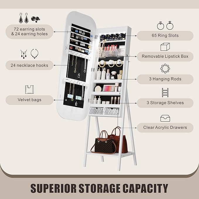 6 LED Mirror Jewelry Cabinet - Wall/Door Mounted Jewelry Armoire with Large Capacity - Lockable Tall Hanging Organizer - Cosmetic Storage & Gift Idea - White