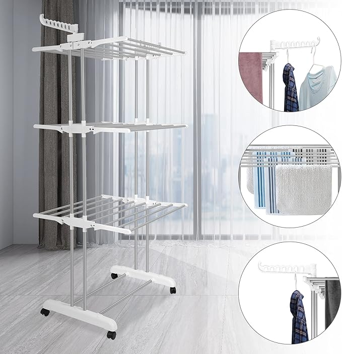 Bigzzia 3 Tier Folding Drying Rack Clothing Clothes Horses Rack Stainless Steel Laundry Drying Rack (Grey White, 4 Tier)