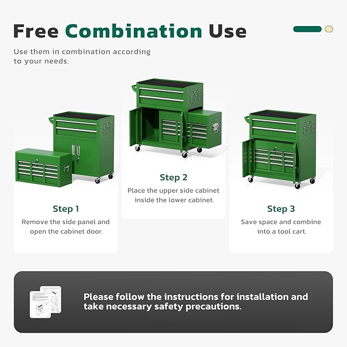 Greenvelly Tool Chest, 8-Drawer Rolling Tool Chest with Hooks and Lockable Wheels,Metal Storage Detachable Top Tool Box with Lockable Wheels for Garage,Workshop,Art Studio(Green)