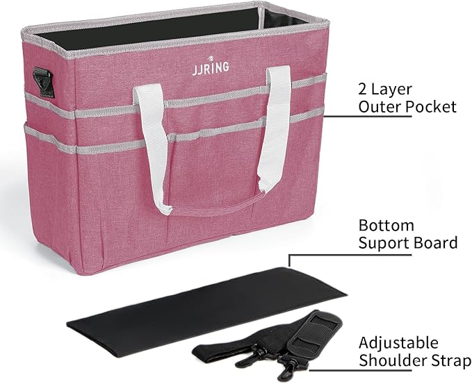 JJRING Craft Organizer Tote Bag, Large Art Storage Caddy with Multiple Pockets, Pink Sewing Bag for Art, Craft, Scrapbooking, Medical, and Office Supplies Storage